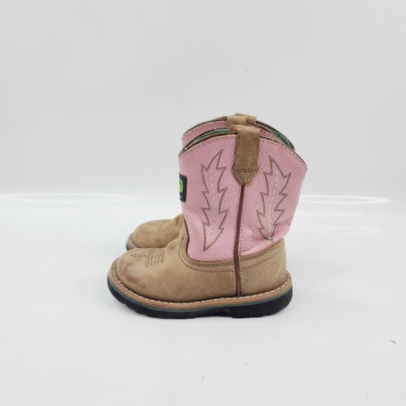John Deere Girl Pink Tan Leather Classic Ankle Cowgirl Western Boot Size 7M - Picture 2 of 7